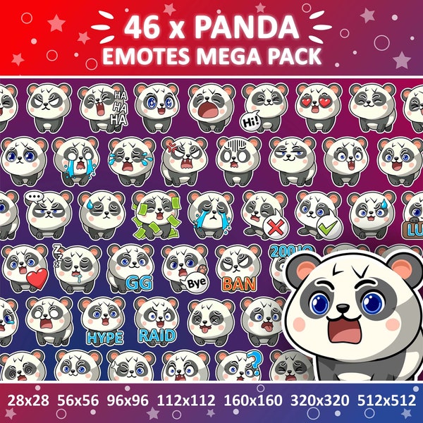 Panda Emotes x 46 for Twitch & Discord Emote and Whatsapp Emote / Cute Chibi Panda Twitch Emoji Emote Pack / Discord Emote Bundle