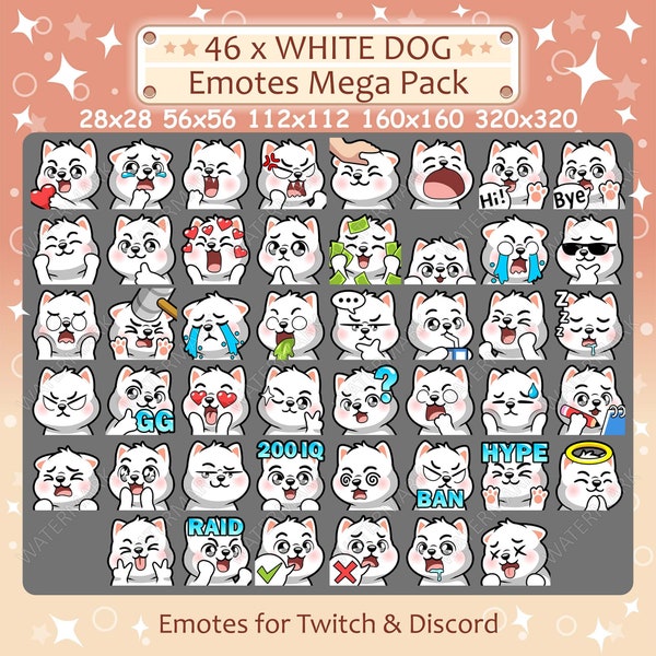 Emotes de chien blanc x 46 pour Twitch & Discord Emote | White Dog Twitch Emote Pack, Discord Emote Pack, Dog Emotes Bundle Mega Pack