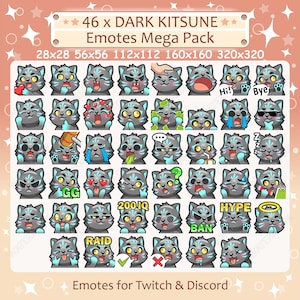 Dark Kitsune Fox Emotes x 46 for Twitch & Discord Emote | Grey Kitsune Fox Twitch Emote, Discord Emote, Kitsune Fox Emotes Bundle Mega Pack