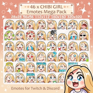Chibi Girl Emotes x 46 for Twitch & Discord Emote | blonde hair, blue eyes, pale skin, vanilla / light skin | Cute Kawaii Girl Emote Pack