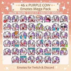 Purple Cow Emotes x 46 for Twitch & Discord Emote | Purple Cow Twitch Emote Pack, Discord Emote Pack, Cow Emotes Bundle Mega Pack