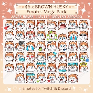 Brown Husky Dog Emotes x 46 for Twitch & Discord Emote | Husky Dog Twitch Emote Pack, Discord Emote Pack, Dog Emotes Bundle Mega Pack