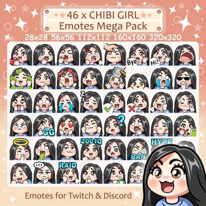Twitch および Discord 用 Chibi Girl Emotes x 46 | 黒髪、茶色の目、青白い肌 / バニラ肌 | かわいい Kawaii Girl Twitch Emote パック