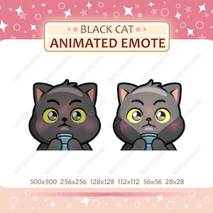 May include: Animated emote featuring a black cat holding a small blue cup. The cat has large yellow eyes and a slightly worried expression. The image includes the text "BLACK CAT ANIMATED EMOTE" and various size dimensions.