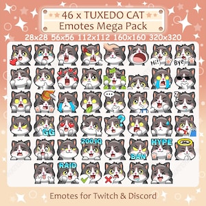 Tuxedo Cat Emotes x 46 for Twitch & Discord Emote | Tuxedo Cat Twitch Emote Pack, Discord Emote Pack, Tuxedo Kitten Emotes Bundle Mega Pack