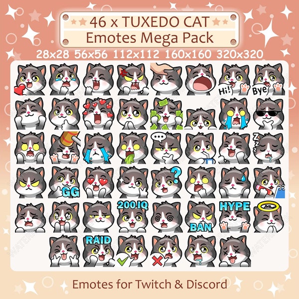 Tuxedo Katze Emotes x 46 für Twitch & Discord Emote | Tuxedo Cat Twitch Emote Pack, Discord Emote Pack, Tuxedo Kätzchen Emotes Bundle Mega Pack