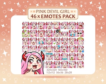 46 Pink Devil Girl Emotes Pack, pinkes Haar, rote Augen, helle Haut, Demon Succubus, Twitch Emotes, Discord Emotes, PNG Emotes, sofort einsatzbereit