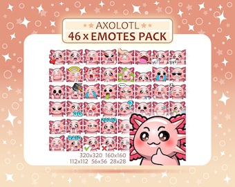 46 Axolotl Emotes Pack, Twitch Emotes, Discord Emotes, PNG Emotes Pack, Ready to Use
