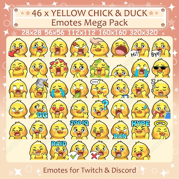 Gelbe Küken / Ente Emotes x 46 für Twitch und Discord Emote | Chick Twitch Emote Pack, Discord Emote Pack, Vogel Emotes Bundle Mega Pack