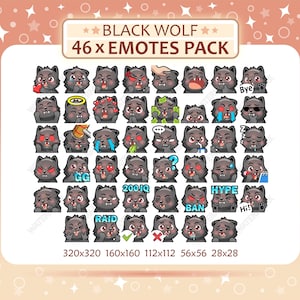 Op de afbeelding: Een digitale collectie van 46 zwarte wolf-emotes met diverse uitdrukkingen en acties. De koptekst luidt BLACK WOLF 46 x EMOTES PACK, met de afmetingen 320x320, 160x160, 112x112, 56x56 en 28x28 onderaan de afbeelding weergegeven.