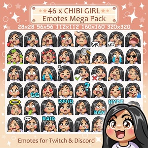 Twitch および Discord 用 Chibi Girl Emotes x 46 | 黒髪、茶色の目、日焼けした肌、黒い肌 | かわいい Kawaii Girl Twitch Emote パック