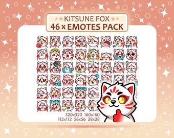 Pacchetto di 46 emoticon Kitsune Fox, emoticon Twitch, emoticon Discord, pacchetto di emoticon PNG, pronti all'uso