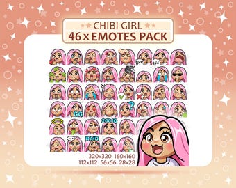 Pacote com 46 emotes de garotas chibi, cabelo rosa, olhos castanhos, pele bronzeada ou escura, emotes para Twitch, emotes para Discord, pacote de emotes em PNG, prontos para usar.