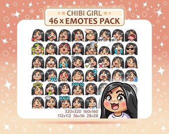 Paquete de 46 gestos de Chibi Girl, cabello negro, ojos marrones, piel bronceada u oscura, gestos de Twitch, gestos de Discord, paquete de gestos PNG, listo para usar.