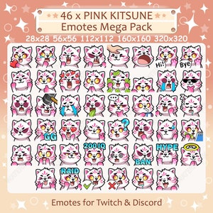 Pink Kitsune Fox Emotes x 46 for Twitch & Discord Emote | Kitsune Fox Twitch Emote, Discord Emote, Pink Kitsune Fox Emotes Bundle Mega Pack