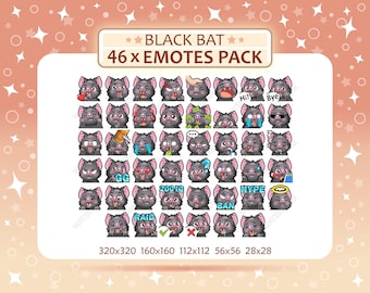 46 Black Bat Emotes Pack, Twitch Emotes, Discord Emotes, PNG Emotes Pack, Ready to Use