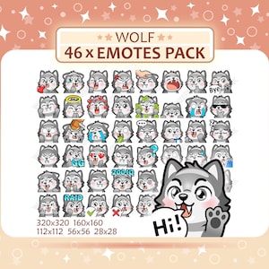Paquete de 46 gestos de lobo, gestos de Twitch, gestos de Discord, paquete de gestos PNG, listo para usar