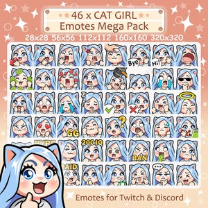 Cute Cat Girl Emotes x 46 | light blue hair, blue eyes, light skin, pale skin | for Twitch & Discord Emote, Kawaii Chibi Cat Girl Emotes