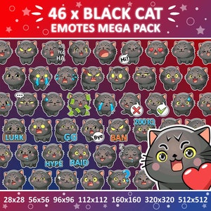 Black Cat Emotes x 46 for Twitch & Discord Emote and Whatsapp Emote / Cute Chibi Black Cat Twitch Emoji Emote Pack / Discord Emote Bundle