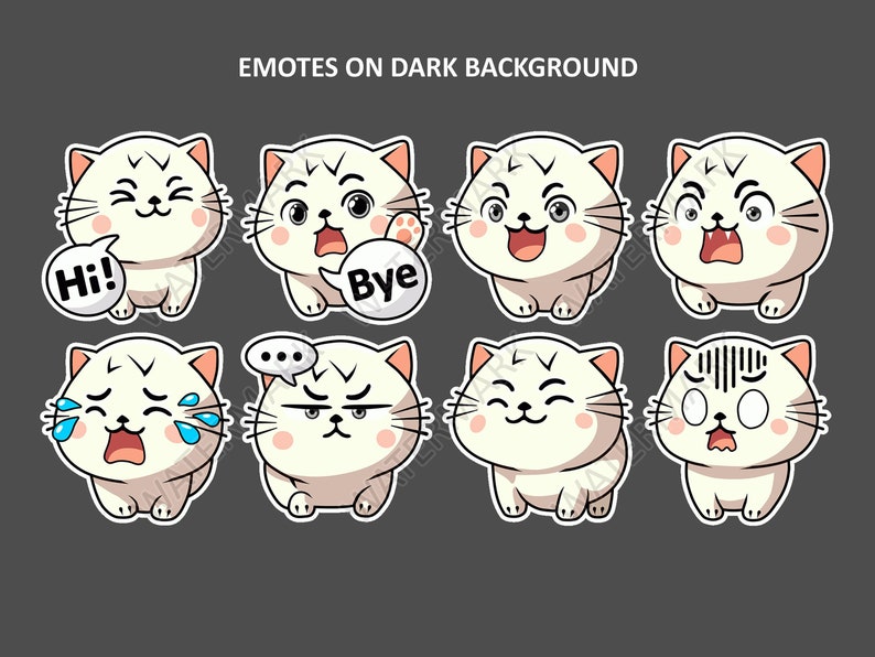 White Cat Emotes Pack 3 / for Twitch Emote, Discord Emote, and Whatsapp