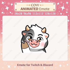 Emote animée vache agitant bonjour / Emote vache noire Twitch & Discord, émoticône Salut et au revoir, emoji vache chibi kawaii mignon, prêt à l&#39;emploi