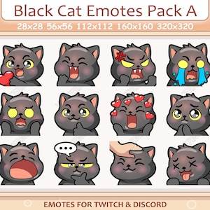 黒猫エモートパック A / Twitch および Discord エモート用エモート / 黒子猫絵文字エモートパック、猫エモートバンドル