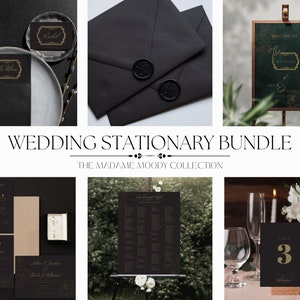 May include: A wedding stationery bundle in black and gold with a green welcome sign. The bundle includes invitations, envelopes, seating chart, table numbers, and a welcome sign. The theme is elegant and modern.