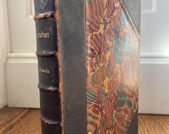 May include: Antique book with a dark leather spine and cover. The spine features the title "PREVOST" and "FÉMINITÉS" in gold lettering. The cover has a marbled design in shades of brown, gold, and green, with a black leather corner.
