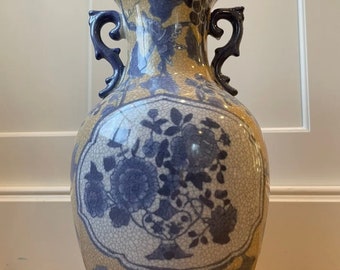 Vintage Blue, Yellow and White Double Handled 12" Chinese Ceramic Vase