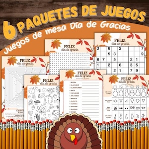 Puede incluir: Un conjunto de juegos de mesa temáticos de Acción de Gracias, que incluyen una búsqueda de palabras, un laberinto y un rompecabezas de Sudoku. Los juegos están decorados con hojas de otoño y el texto "Feliz día de gracia".