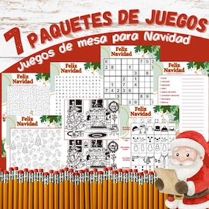 Puede incluir: Un conjunto de hojas de actividades con temática navideña, que incluyen laberintos, búsquedas de palabras y rompecabezas Sudoku. Las hojas son en blanco y negro y presentan ilustraciones festivas. Una ilustración de Papá Noel está en la esquina inferior derecha.