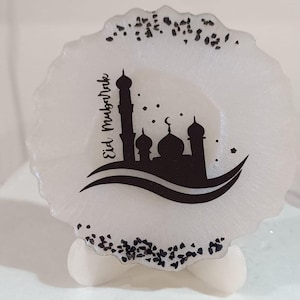 Handmade white and black Eid Mubarak Resin Frame Islamic Mosque Decor  5x5 Inch Ramadan Plaque Crescent Moon & Masjid Design | Free Holder