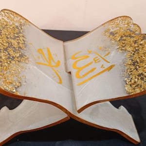 Suporte personalizado de resina Rahel branca e dourada para Alcorão, duas peças, qualquer cor ou flor, suporte para Alcorão Rihal, suporte para Alcorão Rehal, suporte para Alcorão personalizado