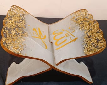 Personalized Resin Quran Stand: White and Gold Leaf, Custom Colors