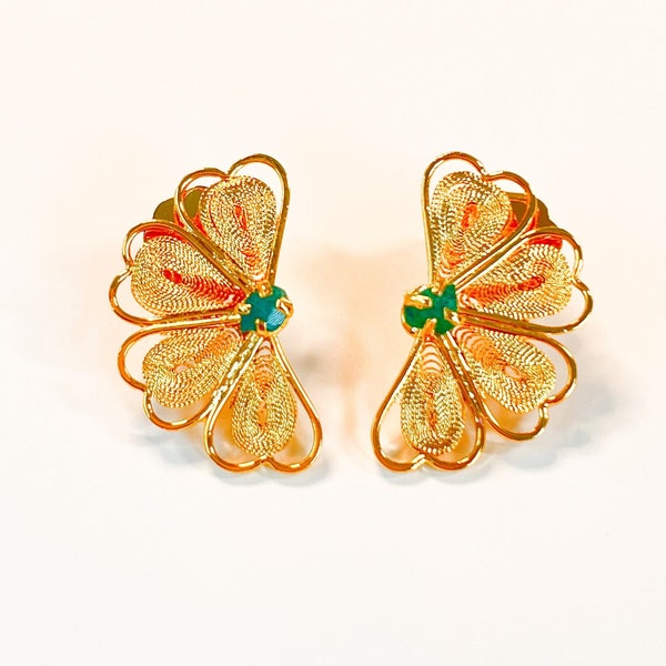 18K Laminated gold (gold filled) filigree half-flower elegant studs with a beautiful green stone that will match any style for any occasion.