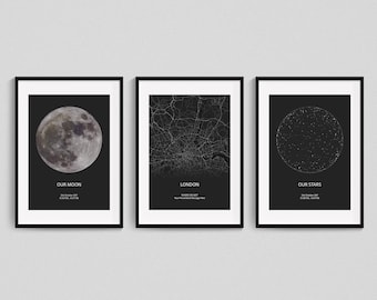 Star Map and Moon Print Set of 3, Where We Met Memorable Gift, Our Stars, Our Moon, Our Night Sky Framed / Unframed