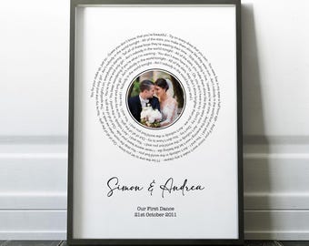 Personalised Lyrics Print with Photo of First Dance. Wedding Song Present for 1st Anniversary, Framed / Unframed Present. Couples Gift