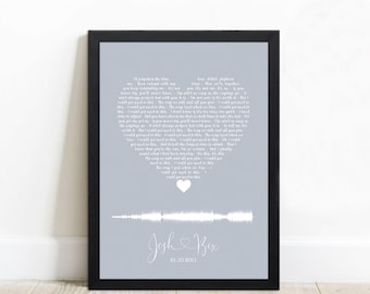 Personalised Lyrics Print in the Shape of a Heart. Wedding Song Present for 1st Anniversary, Framed / Unframed Present. Couples Gift