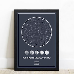 May include: A black framed print with a dark blue background featuring a star map with a white circle around it. The print also includes five white circles representing the moon phases. The text "PERSONALISED MESSAGE OR NAMES" is printed below the star map. The text "THE NIGHT WE MET" is printed below the message.