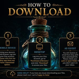 May include: An instructional graphic titled HOW TO DOWNLOAD featuring a glass bottle with a cork stopper. Three numbered boxes explain downloading via mobile device, desktop, and as a guest. A bottom banner provides contact information for help.