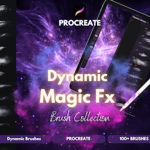 May include: A digital art product advertisement featuring a tablet with a stylus, showcasing a brush collection. The image has a purple and blue nebula background with the text "Dynamic Magic Fx Brush Collection" and "100+ Brushes".