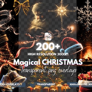 May include: A digital art composition featuring Christmas-themed overlays. The image includes a Santa Claus illustration, a Christmas tree, a fireplace, and a Santa hat. Text reads "200+ Magical Christmas Transparent png overlays".