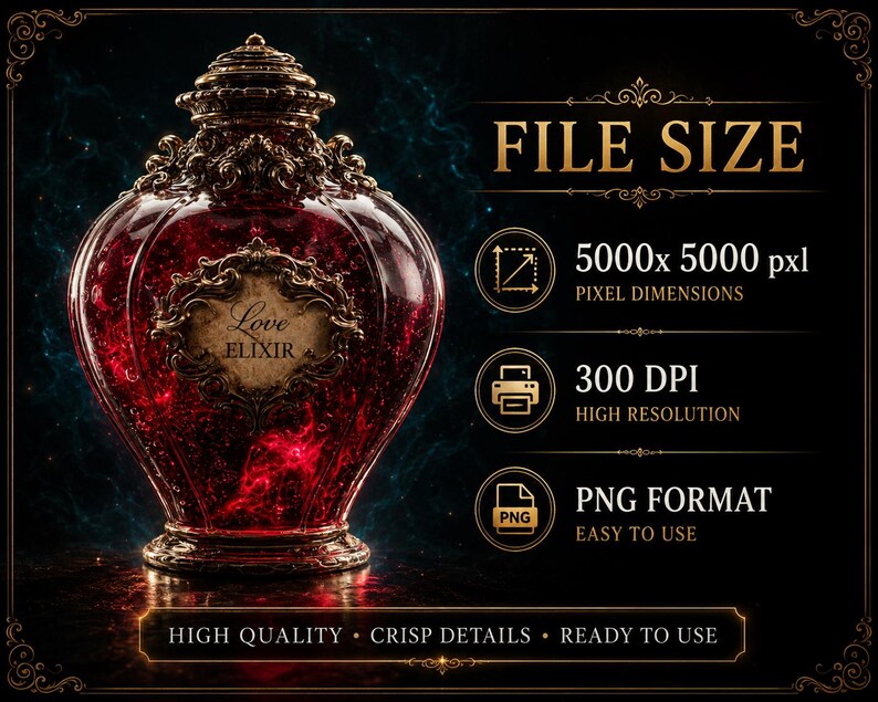 May include: A digital graphic featuring a deep red, ornate glass bottle labeled Love ELIXIR with gold filigree accents. The text displays FILE SIZE, 5000x5000 pxl, 300 DPI, and PNG FORMAT. The bottom text reads HIGH QUALITY, CRISP DETAILS, READY TO USE.