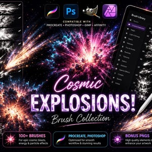 Ultimatives kosmisches Explosions-Bundle: Über 100 PNG-Overlays + Photoshop- & Procreate-Pinsel, Galaxien-Explosionseffekte, Weltraumenergie-FX-Paket