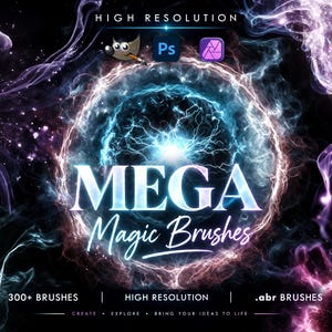 Puede incluir: Un gráfico digital con el texto MEGA Magic Brushes centrado sobre un efecto de energía circular azul y morado. La imagen incluye iconos de software para GIMP, Photoshop y Affinity, con texto que indica más de 300 pinceles .abr de alta resolución.