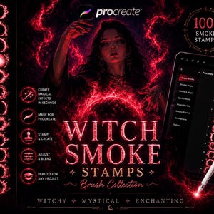 Könnte beinhalten: Eine digitale Pinselkollektion für Procreate mit dem Titel Witch Smoke Stamps, die über 100 rot leuchtende Rauchring-Designs enthält. Die Anzeige zeigt eine zentrale Figur umgeben von Rauch, ein Tablet mit einem Eingabestift und eine nummerierte Liste.