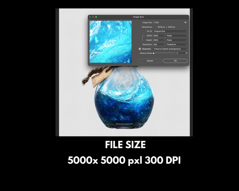 May include: A digitally rendered image of a glass bottle filled with a swirling blue liquid, resembling ocean water. A small screen displays a similar image. The text "FILE SIZE 5000x5000 pxI 300 DPI" is at the bottom.