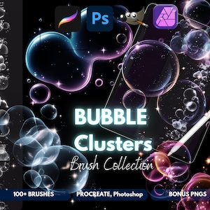 May include: Digital art graphic featuring a collection of bubble clusters in shades of blue, purple, and pink. The image includes the text "BUBBLE Clusters Brush Collection" and icons for Procreate, Photoshop, and bonus PNGs.