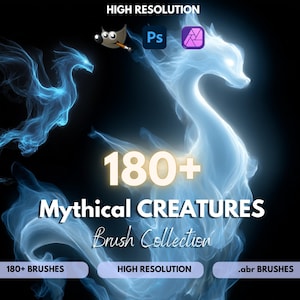 Puede incluir: Colección de pinceles de arte digital con un diseño de criatura mítica azul brillante. La imagen incluye el texto "180+ Mythical Creatures Brush Collection" e iconos para GIMP, Photoshop y Adobe. La imagen también incluye el texto "180+ Brushes", "High Resolution" y ".abr Brushes".