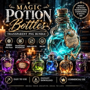 May include: A digital bundle of magic potion bottles featuring a large central bottle labeled Mermaid Potion with a seashell and crescent moon charm, surrounded by smaller colorful glass bottles containing glowing liquids and various labels.